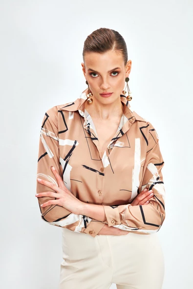 Yırtmaçlı Salaş Gömlek - CAMEL - Resim 6