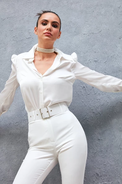 Vatkalı Saten Gömlek - EKRU - Resim 4