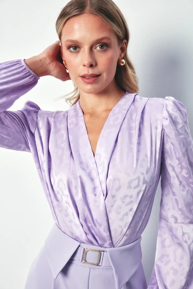 Kruvaze Desenli Bodysuit Bluz - LİLA - 3