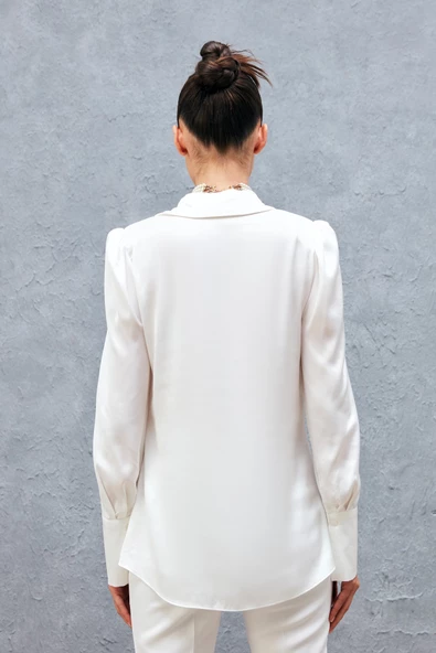 Vatkalı Saten Gömlek - EKRU - Resim 7