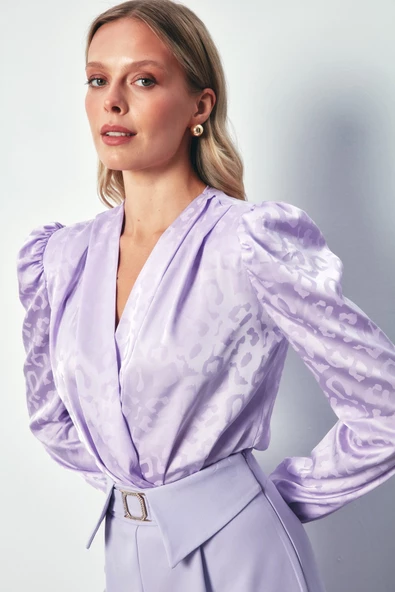 Kruvaze Desenli Bodysuit Bluz - LİLA - 2