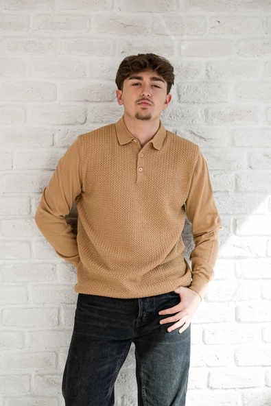 San&fa Örgü Desen Düğmeli Polo Yaka Regular Fit Erkek Triko Kazak