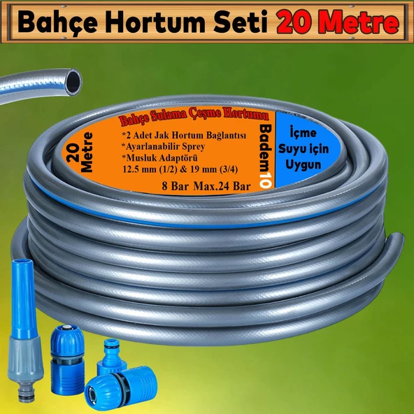 Hortum Seti Garden Kit Bahçe Çeşme Su Hortumu İç Çap 1/2 Sulama Araç Yıkama 20 Metre