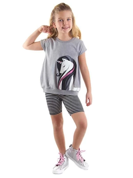 Denokids Kız Çocuk Zarif Unicorn Tunik Tayt Takım Gri Siyah CFF-24Y1-011