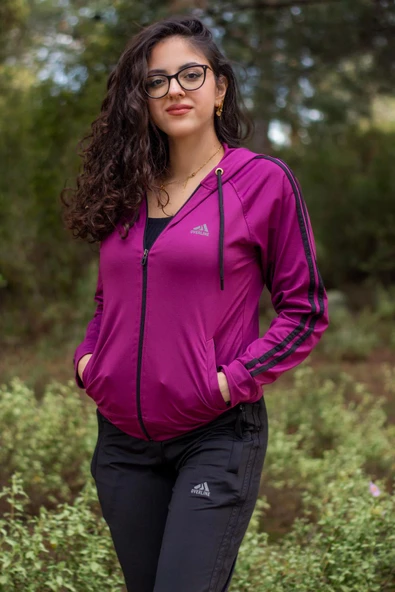 Kadın Mürdüm Fermuarlı Kapüşonlu Dalgıç Scuba Alt Üst Spor Eşofman Takımı 21KESTAX11 - 7