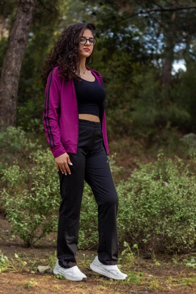 Kadın Mürdüm Fermuarlı Kapüşonlu Dalgıç Scuba Alt Üst Spor Eşofman Takımı 21KESTAX11 - 4