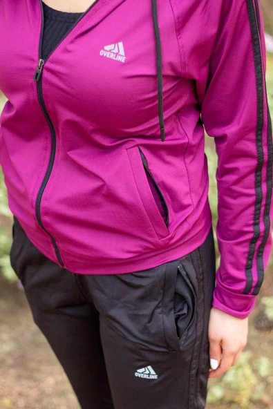 Kadın Mürdüm Fermuarlı Kapüşonlu Dalgıç Scuba Alt Üst Spor Eşofman Takımı 21KESTAX11 - 5