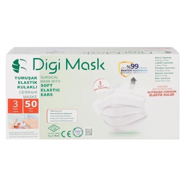 DİGİ MASK 3 KATLI CERRAHİ MASKE - BEYAZ 50 Lİ PAKET