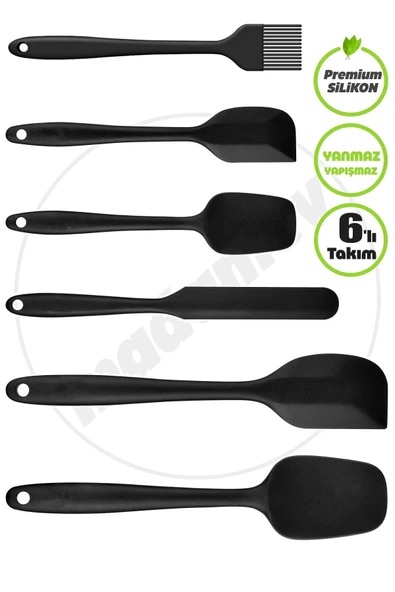 6lı Silikon Fırça Spatula Servis Takımı Yanmaz Yapışmaz Siyah Fırçası Kaşık Bıçak Spatula