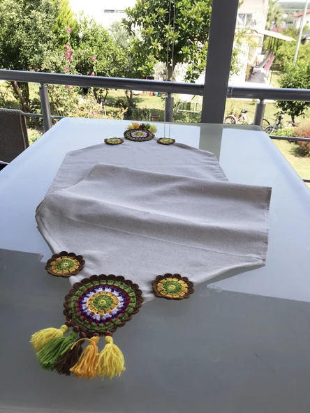 El Örgüsü Runner, Örgü Runner, Tığ İşi Runner - Ranir,Renklerin Aşkı Mandala Kahverengi Sarı Yeşil - 4