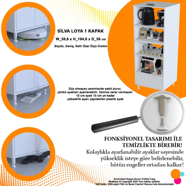 Modilayn SİLVA LOYA 59,6 x 194,6 x 56 cm Tek Kapaklı Ankastre Fırın ve Mutfak Dolabı - Resim 5