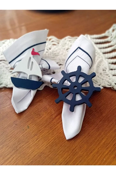 4'lü Çapa, Dümen, Denizatı, Yelkenli Peçete Halkası & Yüzüğü Seti - 2