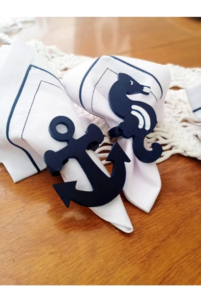 4'lü Çapa, Dümen, Denizatı, Yelkenli Peçete Halkası & Yüzüğü Seti - 3