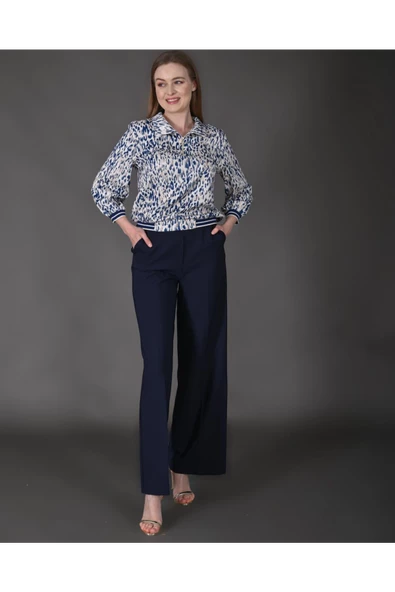 Modatalika Kadın Özel Tasarım Takım Gömlek Yaka Fermuar Detaylı Pantolon Bluz Ribanalı Desenli - Resim 5