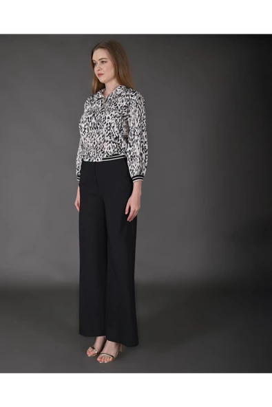 Modatalika Kadın Özel Tasarım Takım Gömlek Yaka Fermuar Detaylı Pantolon Bluz Ribanalı Desenli - Resim 4