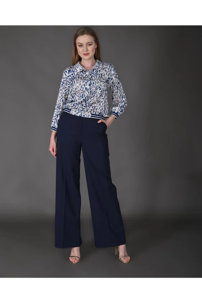 Modatalika Kadın Özel Tasarım Takım Gömlek Yaka Fermuar Detaylı Pantolon Bluz Ribanalı Desenli - Resim 9