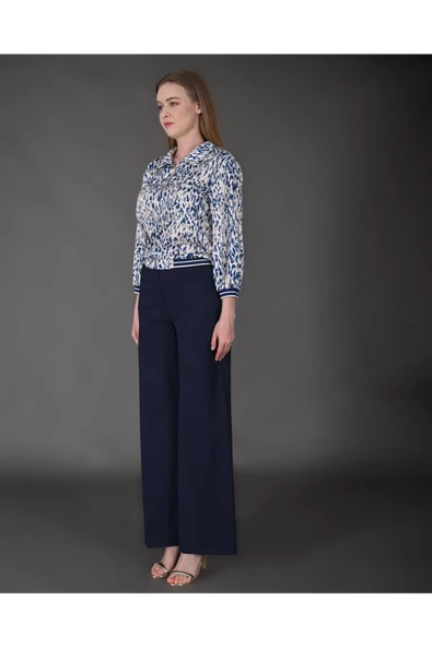 Modatalika Kadın Özel Tasarım Takım Gömlek Yaka Fermuar Detaylı Pantolon Bluz Ribanalı Desenli - Resim 7