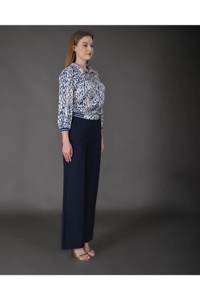 Modatalika Kadın Özel Tasarım Takım Gömlek Yaka Fermuar Detaylı Pantolon Bluz Ribanalı Desenli - Resim 6