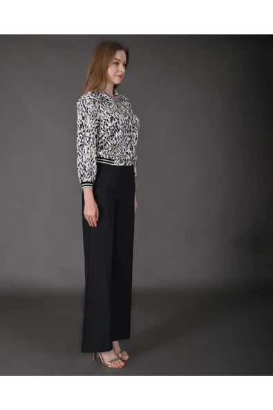 Modatalika Kadın Özel Tasarım Takım Gömlek Yaka Fermuar Detaylı Pantolon Bluz Ribanalı Desenli - Resim 3