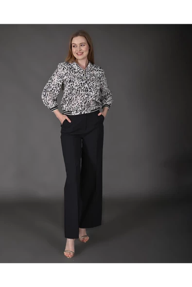 Modatalika Kadın Özel Tasarım Takım Gömlek Yaka Fermuar Detaylı Pantolon Bluz Ribanalı Desenli - Resim 2