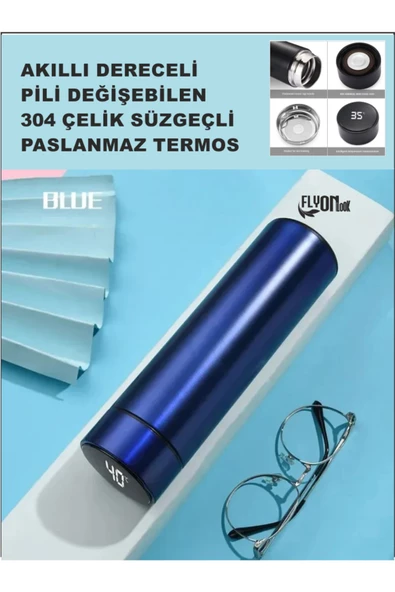 Derece Göstergeli  Çelik  Termos Pili Değişebilen Kamp,Araç,Ofis Süzgeçli Yeni Nesil Akıllı Mug - 2