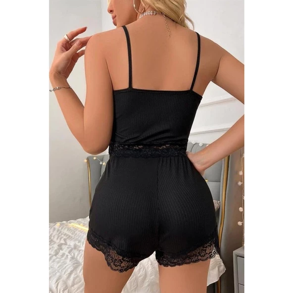 Lucky Life Viskon Siyah Askılı Dantelli Zarif Şortlu Takım - 4