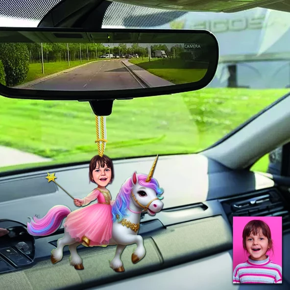 Unicornlu Çoçuk Tasarımlı Ahşap Araba Dikiz Ayna Süsü