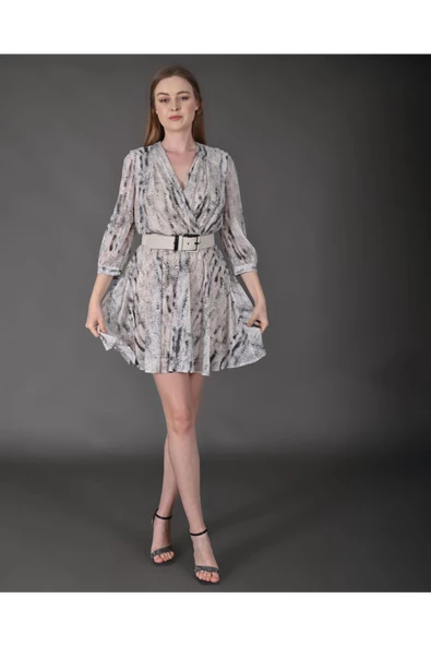 Modatalika Kadın Yeni Sezon Mini Boy Desenli Truvakar Kol Kemer Detaylı Mini Elbise - Resim 11