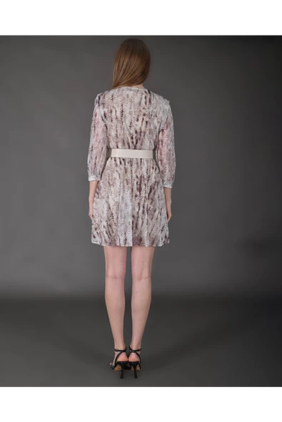 Modatalika Kadın Yeni Sezon Mini Boy Desenli Truvakar Kol Kemer Detaylı Mini Elbise - Resim 6