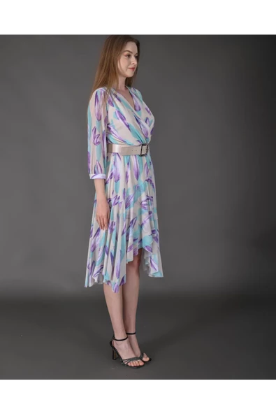 Modatalika Kadın Yeni Sezon Midi Boy Desenli Truvakar Kol Kemer Detaylı Midi Elbise - Resim 3