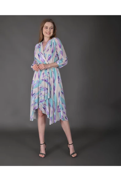 Modatalika Kadın Yeni Sezon Midi Boy Desenli Truvakar Kol Kemer Detaylı Midi Elbise - Resim 2