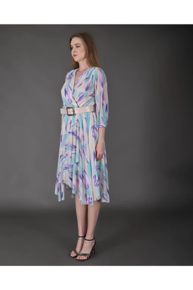 Modatalika Kadın Yeni Sezon Midi Boy Desenli Truvakar Kol Kemer Detaylı Midi Elbise - Resim 5