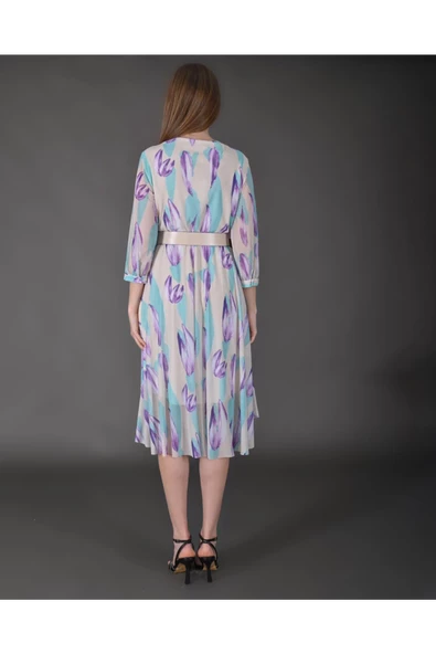 Modatalika Kadın Yeni Sezon Midi Boy Desenli Truvakar Kol Kemer Detaylı Midi Elbise - Resim 4