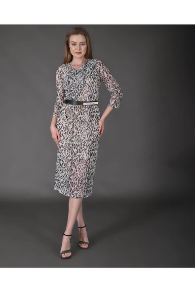 Modatalika Kadın Yeni Sezon Midi Boy Dijital Desenli Truvakar Kol Kemer Detaylı Elbise - Resim 2