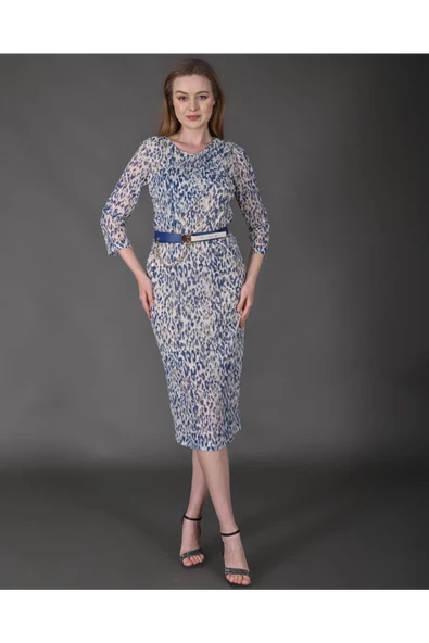 Modatalika Kadın Yeni Sezon Midi Boy Dijital Desenli Truvakar Kol Kemer Detaylı Elbise - Resim 5