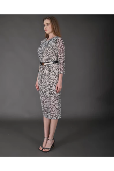 Modatalika Kadın Yeni Sezon Midi Boy Dijital Desenli Truvakar Kol Kemer Detaylı Elbise - Resim 3