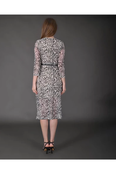 Modatalika Kadın Yeni Sezon Midi Boy Dijital Desenli Truvakar Kol Kemer Detaylı Elbise - Resim 4