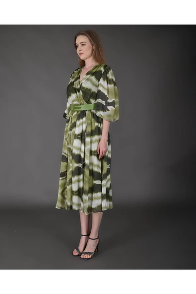Modatalika Kadın Midi Boy İpek Şifon Dijital Desenli Truvakar Balon Kol Kemer Detaylı Elbise - Resim 7