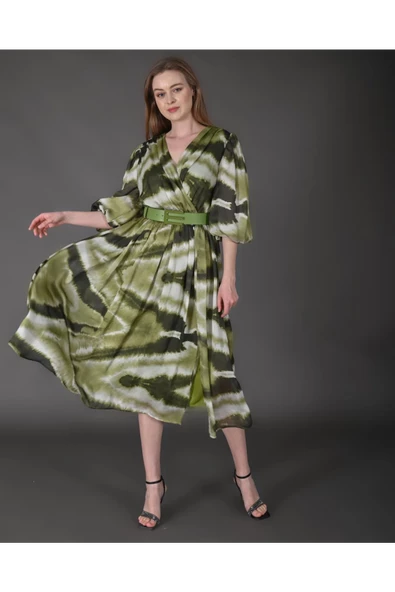 Modatalika Kadın Midi Boy İpek Şifon Dijital Desenli Truvakar Balon Kol Kemer Detaylı Elbise - Resim 5