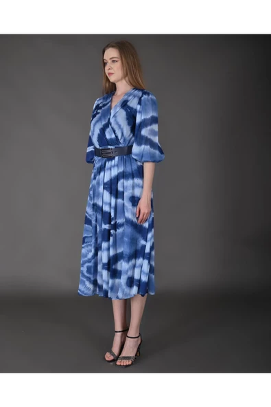 Modatalika Kadın Midi Boy İpek Şifon Dijital Desenli Truvakar Balon Kol Kemer Detaylı Elbise - Resim 3