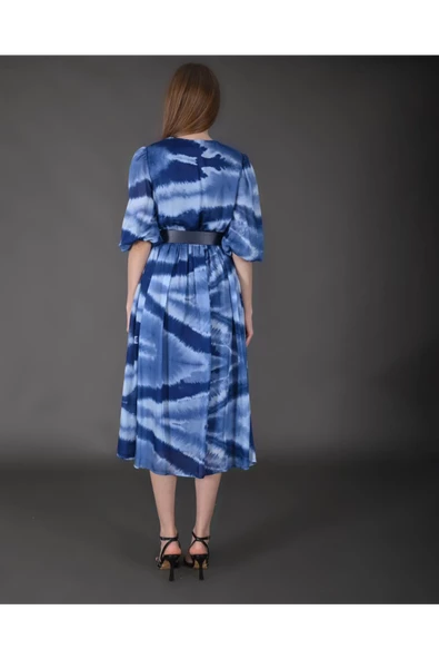 Modatalika Kadın Midi Boy İpek Şifon Dijital Desenli Truvakar Balon Kol Kemer Detaylı Elbise - Resim 4