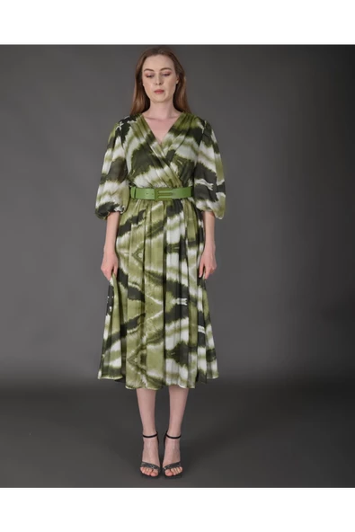 Modatalika Kadın Midi Boy İpek Şifon Dijital Desenli Truvakar Balon Kol Kemer Detaylı Elbise - Resim 8