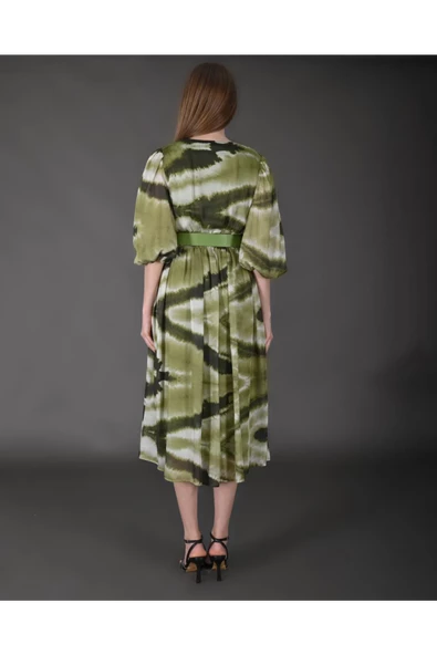 Modatalika Kadın Midi Boy İpek Şifon Dijital Desenli Truvakar Balon Kol Kemer Detaylı Elbise - Resim 6