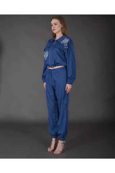 Modatalika Kadın Yeni Sezon Denim Ceket Taş Detaylı Pantolon Spor İkili Takım - 4