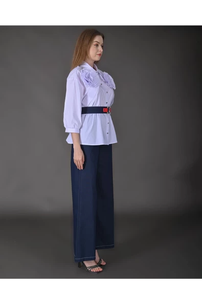 Modatalika Kadın Yeni Sezon Gömlek Pantolon Gül Ve Kemer Detaylı Spor İkili Takım ürün görseli