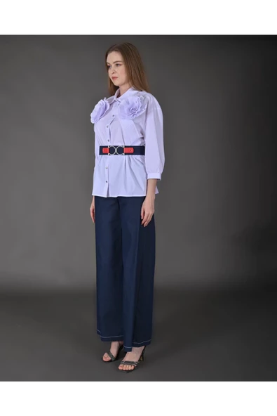 Modatalika Kadın Yeni Sezon Gömlek Pantolon Gül Ve Kemer Detaylı Spor İkili Takım - Resim 4