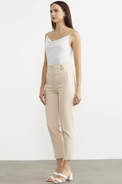Dar Paça Yüksek Bel Kumaş Pantolon - Bej - Resim 5