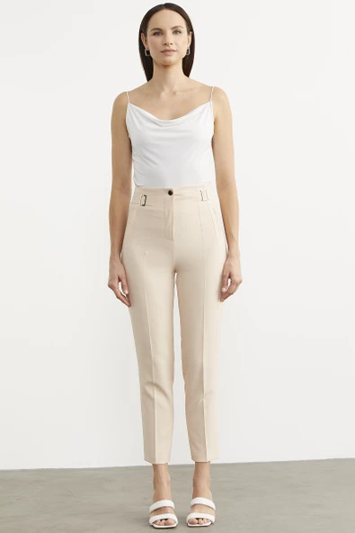 Dar Paça Yüksek Bel Kumaş Pantolon - Bej ürün görseli 1