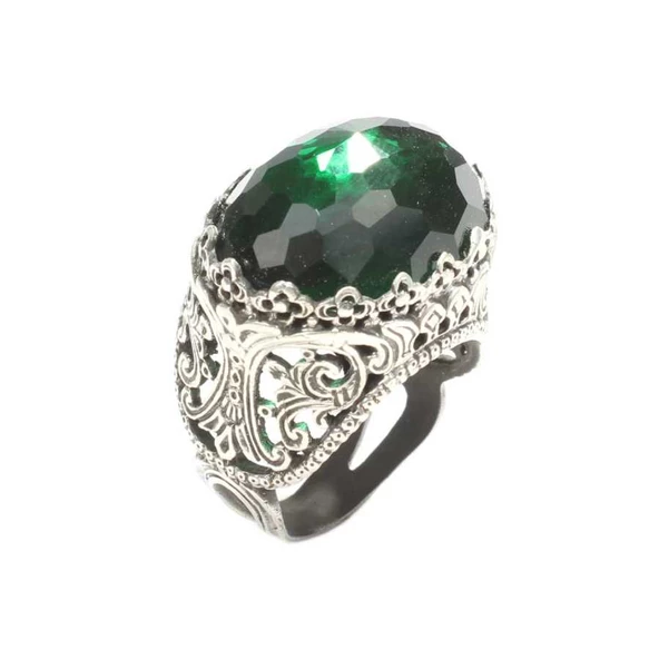 925 Ayar Gümüş Yeşil Taşlı Yüzük - Resim 5