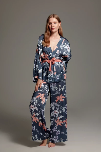 Pijama Takım Sabahlık Büstiyer Pantolon LP1401 3'lü Set - 4